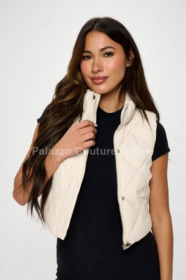 Faux Leather Cropped Puffer Vest – Quilted Vegan Outerwear - Cream - view 2
