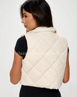 Faux Leather Cropped Puffer Vest – Quilted Vegan Outerwear - Cream - view 4