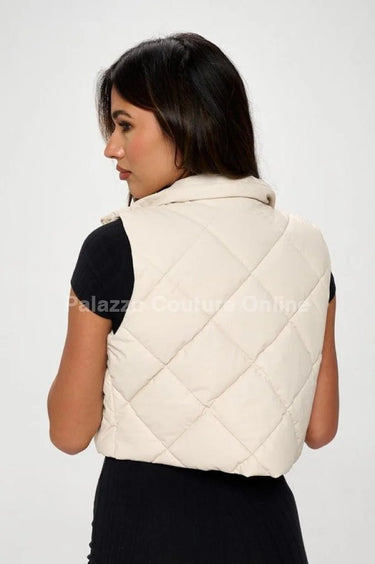 Faux Leather Cropped Puffer Vest – Quilted Vegan Outerwear - Cream - view 4