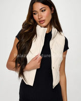 Faux Leather Cropped Puffer Vest – Quilted Vegan Outerwear - Cream - front view