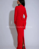 Crimson Allure Maxi Dress (Red) close up detail of elegant design and fabric