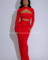 Crimson Allure Maxi Dress (Red) front view showing full-length maxi silhouette
