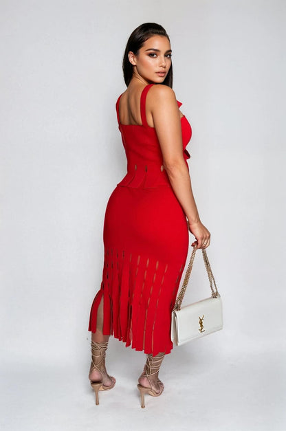 Crimson Cutout Knit Skirt Set - Red - Palazzo Couture Online