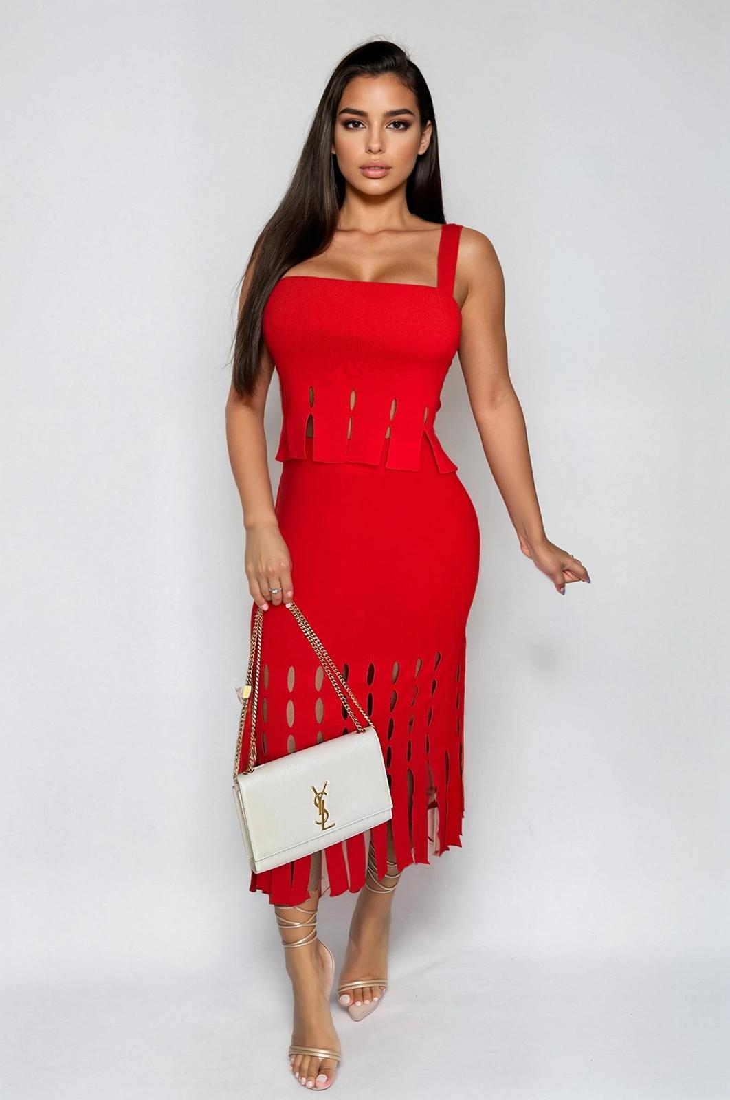 Crimson Cutout Knit Skirt Set - Red - Palazzo Couture Online