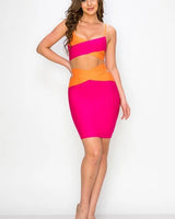 Criss Cross Color Block Bandage Skirt Sets (Fuchsia/Orange) front view showing complete two piece skirt set