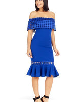 Crochet Band Blue Midi Dress with Off-Shoulder Design close up detail of off-shoulder design