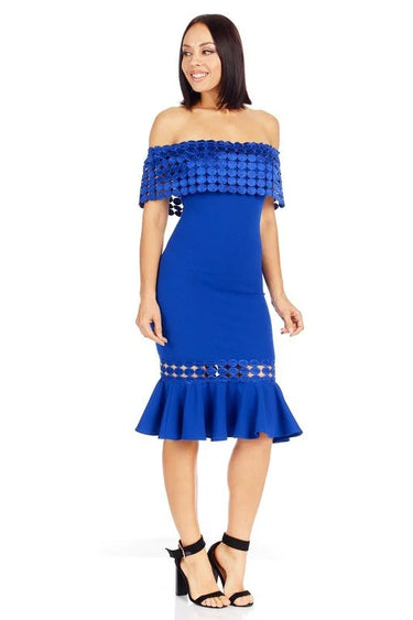 Crochet Band Blue Midi Dress with Off-Shoulder Design close up detail of off-shoulder design