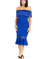Crochet Band Blue Midi Dress with Off-Shoulder Design front view showing full midi length silhouette