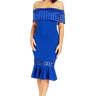 Crochet Band Blue Midi Dress with Off-Shoulder Design front view showing full midi length silhouette