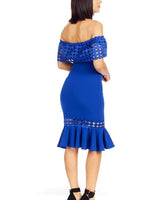 Crochet Band Blue Midi Dress with Off-Shoulder Design side view highlighting midi hemline