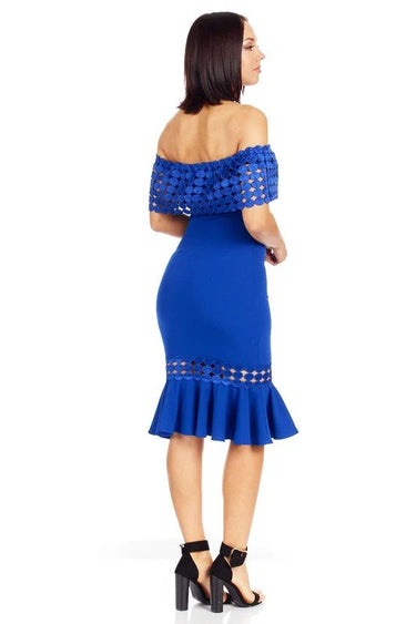 Crochet Band Blue Midi Dress with Off-Shoulder Design side view highlighting midi hemline