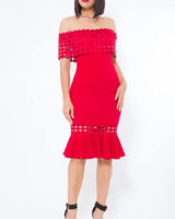 Crochet Band Midi Dress (Red) side view highlighting midi hemline