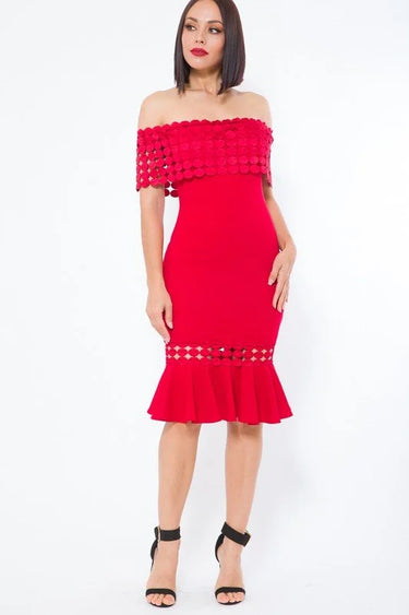 Crochet Band Midi Dress (Red) side view highlighting midi hemline