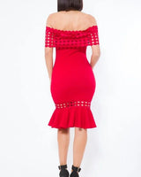Elegant Red crochet midi dress on model styled for evening