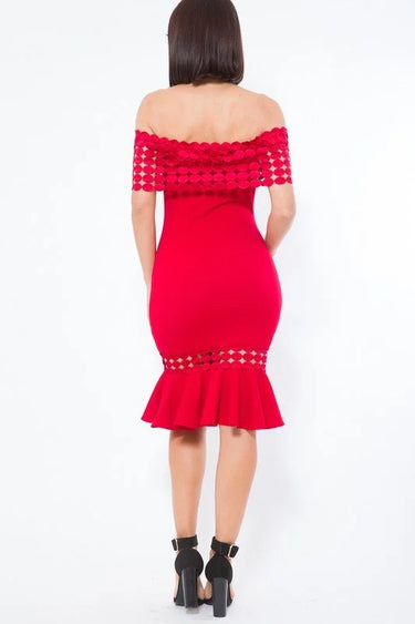 Elegant Red crochet midi dress on model styled for evening