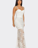 Turn heads in the Crochet Glam Ring Strap Maxi Dress! Sculpted bustier bodice, metal ring straps