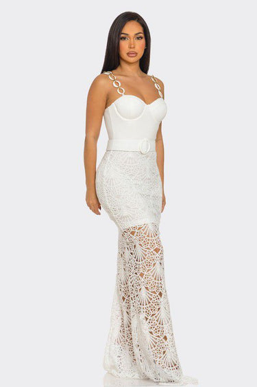 Turn heads in the Crochet Glam Ring Strap Maxi Dress! Sculpted bustier bodice, metal ring straps
