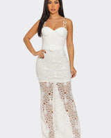 Turn heads in the Crochet Glam Ring Maxi Dress! Featuring a sculpted bustier bodice