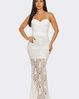 Maxi Dress Ivory  Crochet Glam Ring Strap Maxi Dress! dress with bold metal ring straps and a waist-defining belt.
