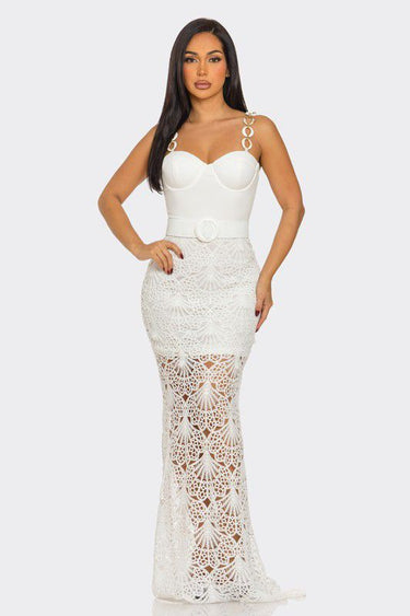Maxi Dress Ivory  Crochet Glam Ring Strap Maxi Dress! dress with bold metal ring straps and a waist-defining belt.