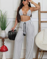 Crochet knit halter bikini & wide leg pants set - Black & White - Palazzo Couture Online