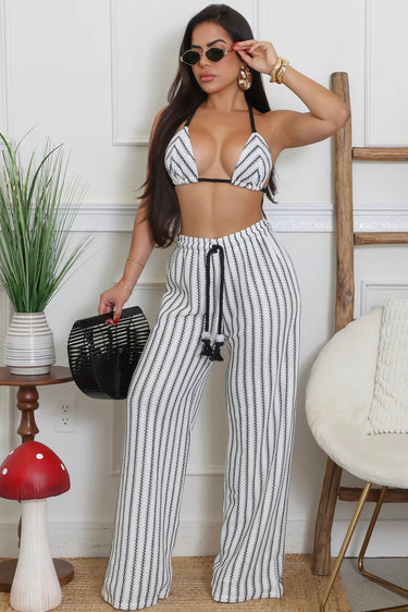 Crochet knit halter bikini & wide leg pants set - Black & White - Palazzo Couture Online