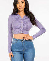 Cropped Button Lavender Crop Top with Ruched Front for women - crop top by Palazzo Couture