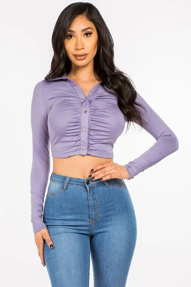 Cropped Button Lavender Crop Top with Ruched Front for women - crop top by Palazzo Couture
