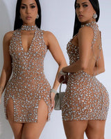 Crystal Blaze Cut - Out Mini Dress - Taupe - Palazzo Couture Online