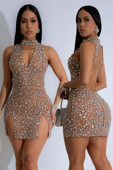 Crystal Blaze Cut - Out Mini Dress - Taupe - Palazzo Couture Online