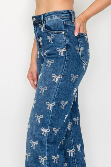 Crystal Bow Embellished Straight - Leg Jeans - Blue - Palazzo Couture Online