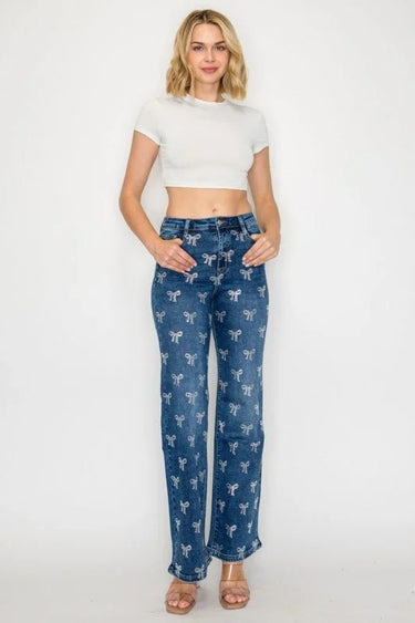 Crystal Bow Embellished Straight-Leg Jeans - Blue - view 2