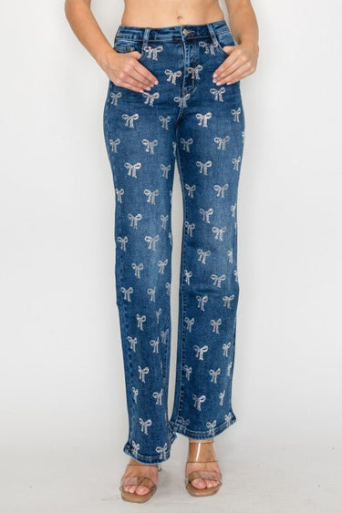 Crystal Bow Embellished Straight - Leg Jeans - Blue - Palazzo Couture Online