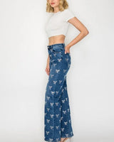 Crystal Bow Embellished Straight-Leg Jeans - Blue - view 3