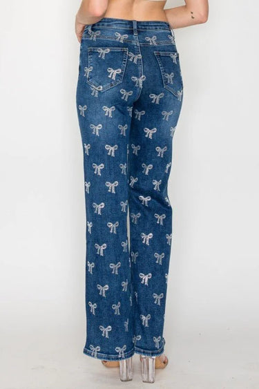 Crystal Bow Embellished Straight-Leg Jeans - Blue - view 4