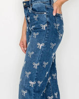 Crystal Bow Embellished Straight-Leg Jeans - Blue - view 5