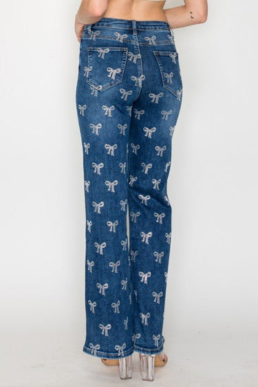 Crystal Bow Embellished Straight - Leg Jeans - Blue - Palazzo Couture Online