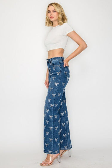 Crystal Bow Embellished Straight - Leg Jeans - Blue - Palazzo Couture Online