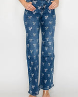 Crystal Bow Embellished Straight-Leg Jeans - Blue - front view