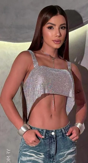 milky silver crystal chainmail top front view