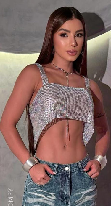 Crystal Chainmail Top - Milky/Silver - Palazzo Couture Online