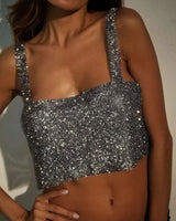 silver black crystal chainmail top front view