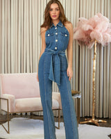 Crystal Collar Halter Denim Jumpsuit - Blue - Palazzo Couture Online