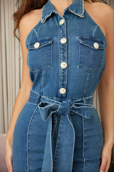 Crystal Collar Halter Denim Jumpsuit - Blue - Palazzo Couture Online