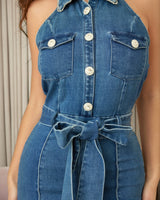 Crystal Collar Halter Denim Jumpsuit - Blue - elegant jumpsuit for parties and events