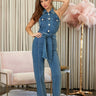 Crystal Collar Halter Denim Jumpsuit - Blue for women - stylish jumpsuit by Palazzo Couture
