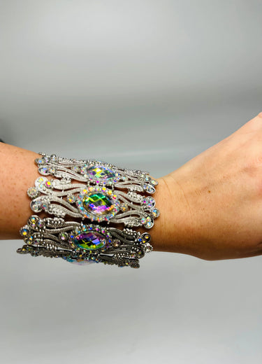 Crystal Cuff Bracelet with Oval Stones in Gold or Silver Finish - chic women's accessory