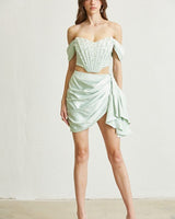 Elegant ruched satin skirt in mint green