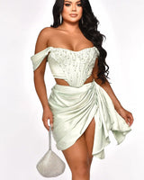 Crystal teardrop detailing on mint green corset set