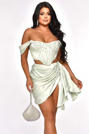 Crystal teardrop detailing on mint green corset set
